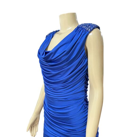 Tadashi Shoji Womens Cowl Neck Party Dress Y2K Blue Beaded Ruched Sleeveless - Picture 6 of 16